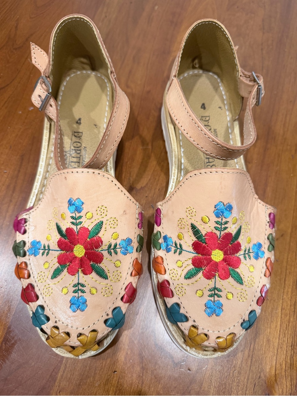 Embroidered Tan Leather Ankle-Strap Sandals